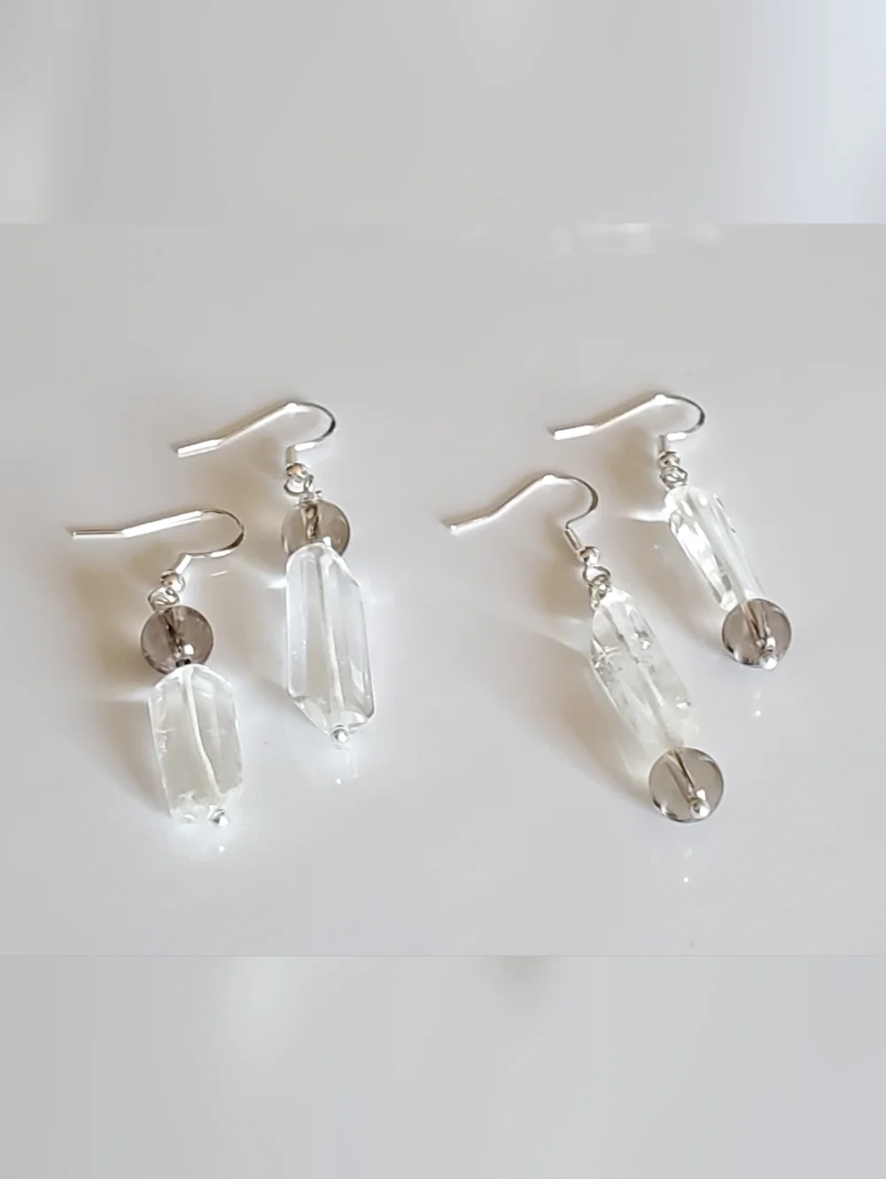 2 Pairs Sterling Silver 925 Clear Crystal & Smoky Quarts Gemstones Drop Earrings - Picture 8 of 8